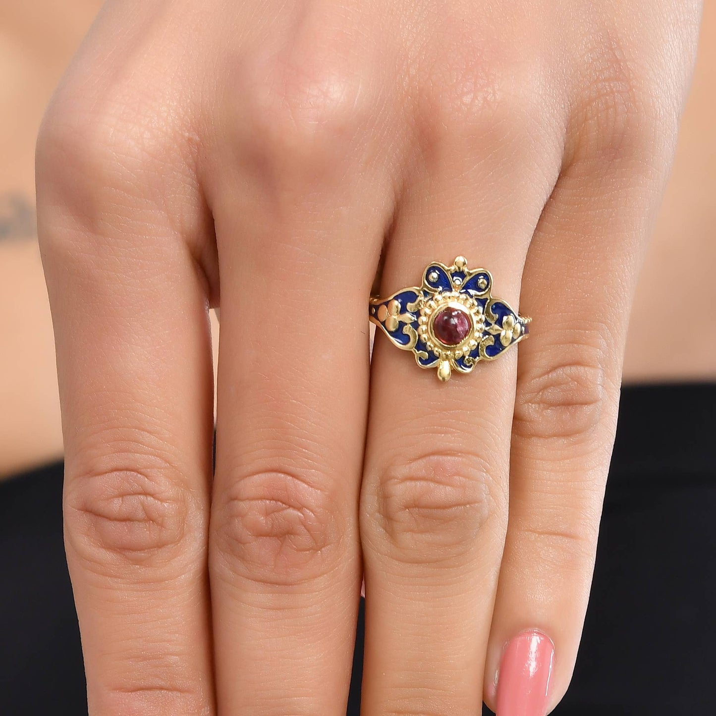 Pink Tourmaline Gold Plated Enamel Ring