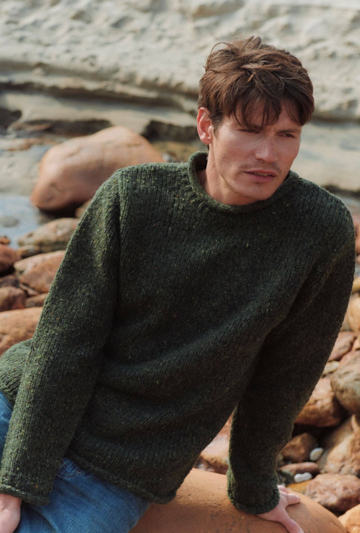 Raheen Tweed Roll Neck Mens Sweater - Green: L