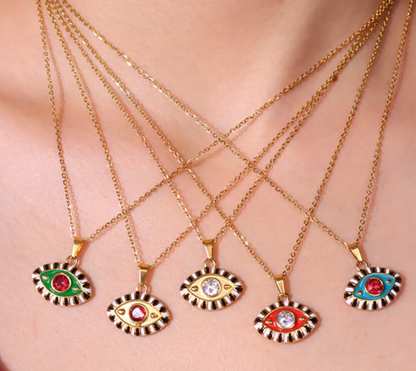 Evil Eye Third Eye Enamel and Crystal Pendant Necklace: Pink/teal
