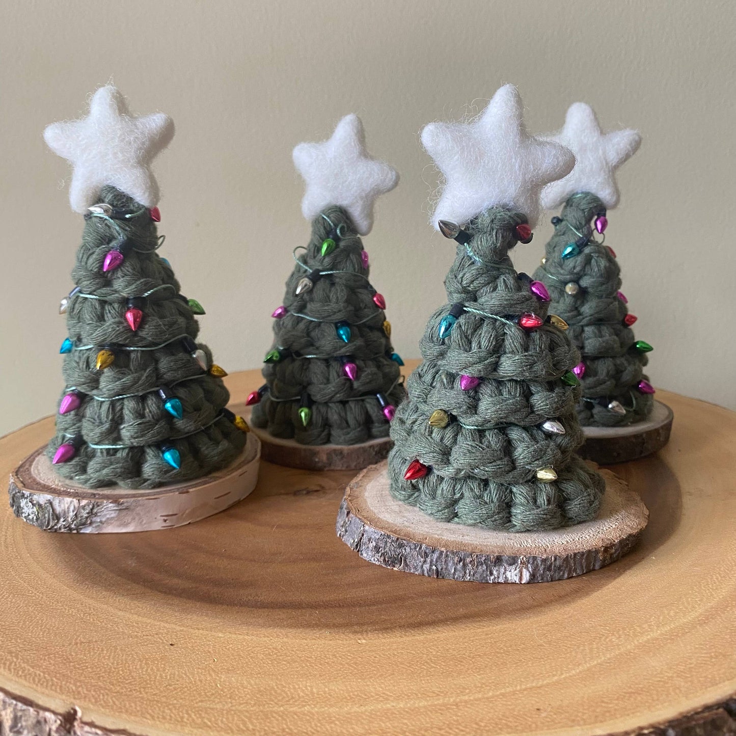 Handmade Mini Macrame Holiday Tree with Non-Working Lights: Light green String/Pastel Lights
