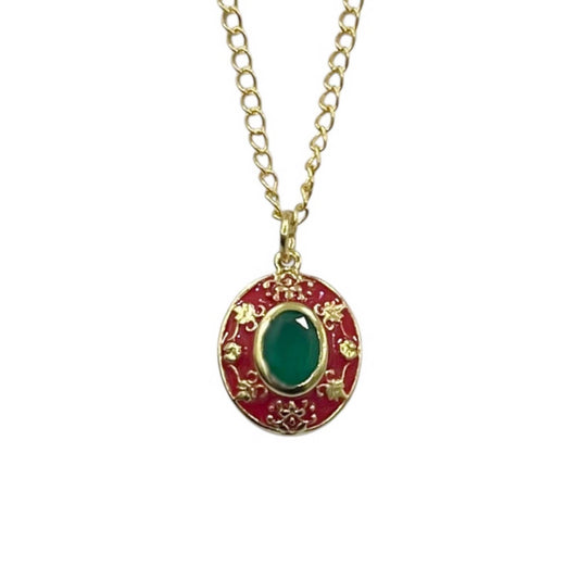 Green Onyx Gold Plated Blue Enamel Necklace