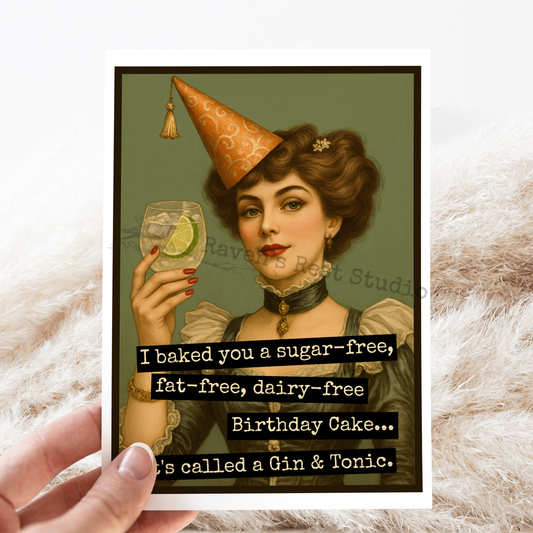Funny Birthday Card. LARGE Gin in Hand. Vintage Victorian