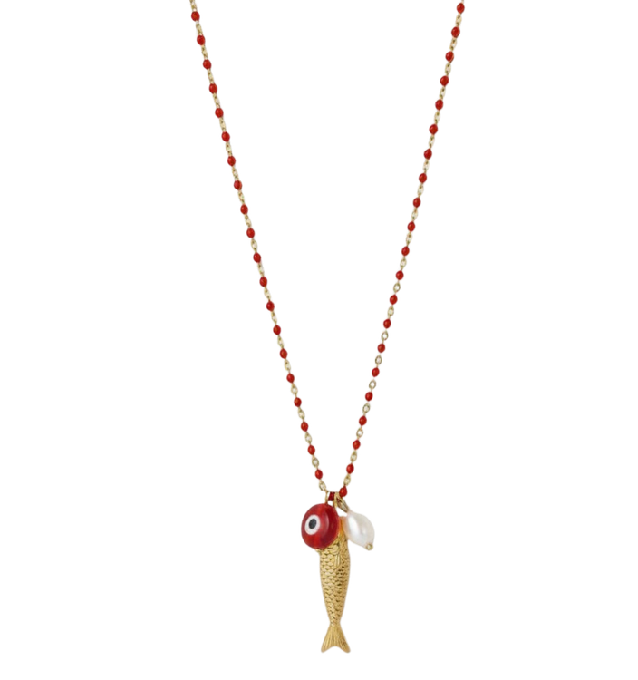 Fish for Luck. Enamel and Evil Eye Necklace: Horn