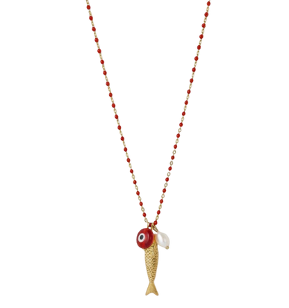 Fish for Luck. Enamel and Evil Eye Necklace: Horn
