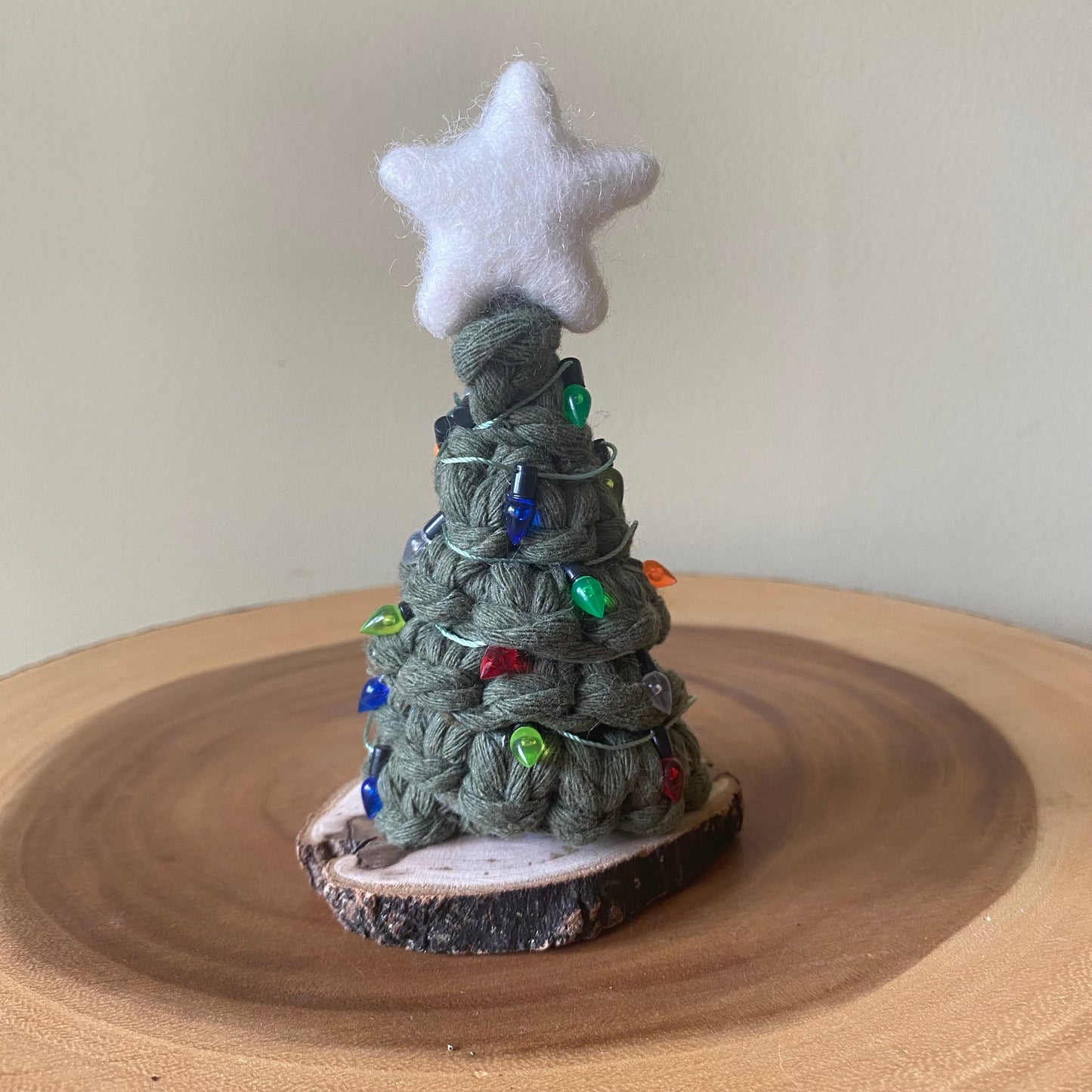 Handmade Mini Macrame Holiday Tree with Non-Working Lights: Light green String/Pastel Lights