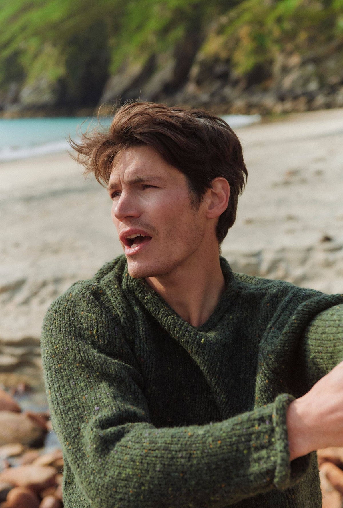 Raheen Tweed Roll Neck Mens Sweater - Green: XL