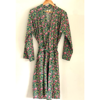 Womens Kimono Robe - Floral Garden cotton print green + bag: 44 / L