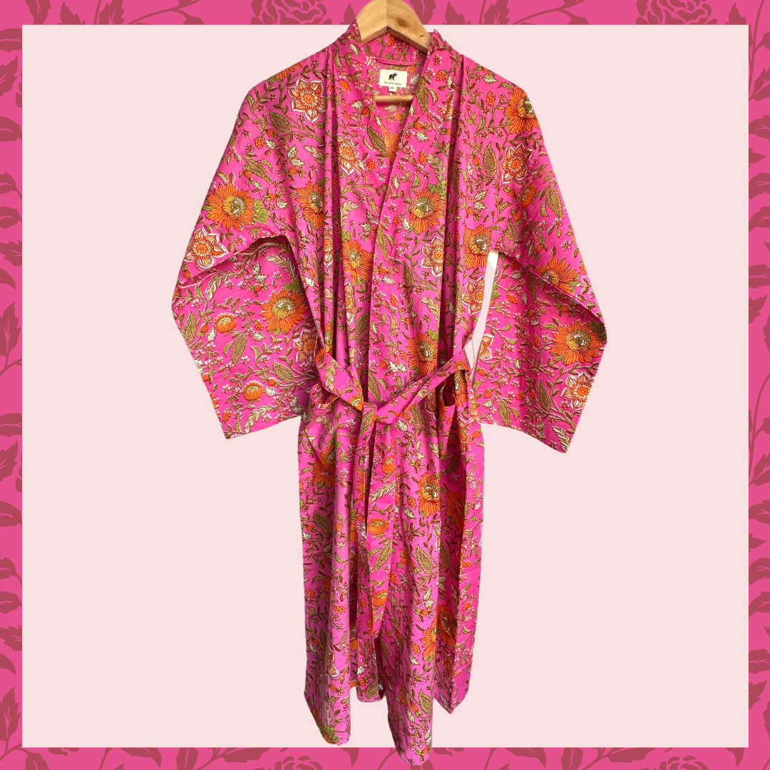 Womens Kimono Robe - All over floral in Pink & orange cotton: 44 / L