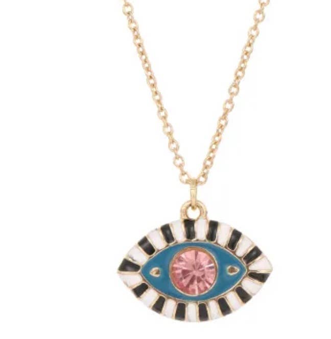 Evil Eye Enamel and Crystal Pendant Necklace Waterproof: Pink/gold