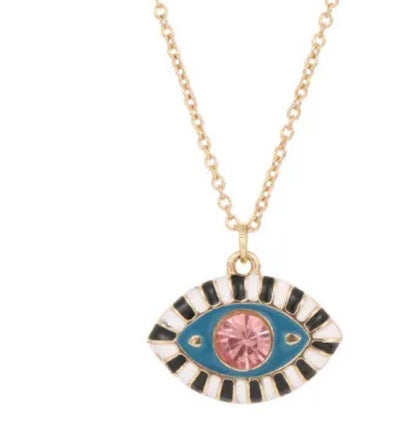 Evil Eye Third Eye Enamel and Crystal Pendant Necklace: Pink/teal