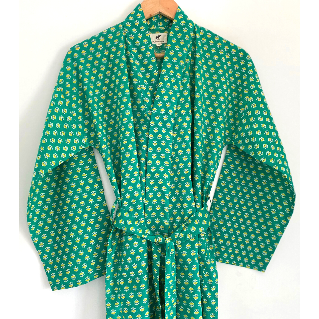 Womens Kimono Robe - Green and Yellow floral print cotton : 44 / S