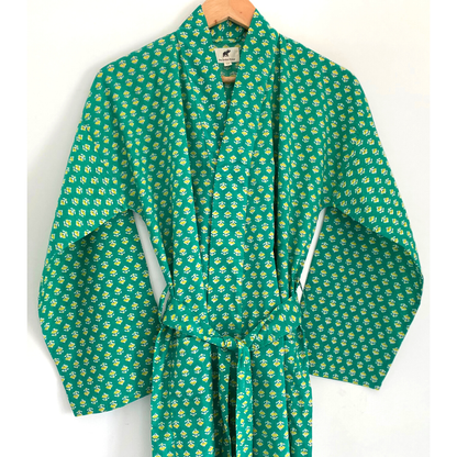 Womens Kimono Robe - Green and Yellow floral print cotton : 44 / S