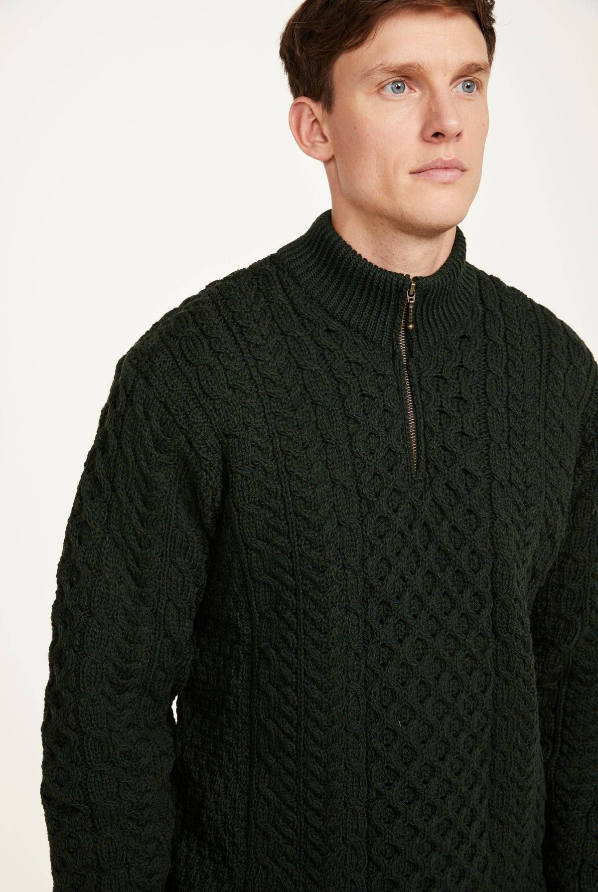 Ballycroy Mens Merino Aran Half Zip Sweater - Forest Green: XLG