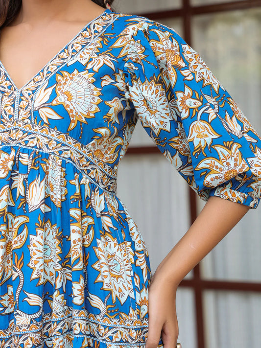 Boho Block Print Dress - Blue