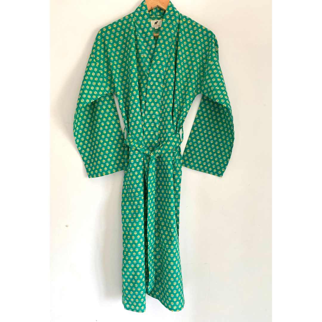 Womens Kimono Robe - Green and Yellow floral print cotton : 44 / S