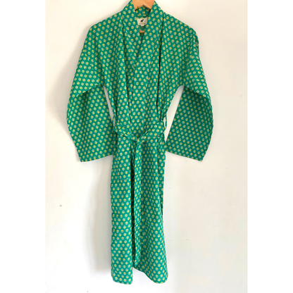 Womens Kimono Robe - Green and Yellow floral print cotton : 44 / S