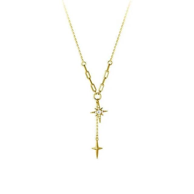 Steller Star-  Lariat- 14K Gold Steel Necklace 