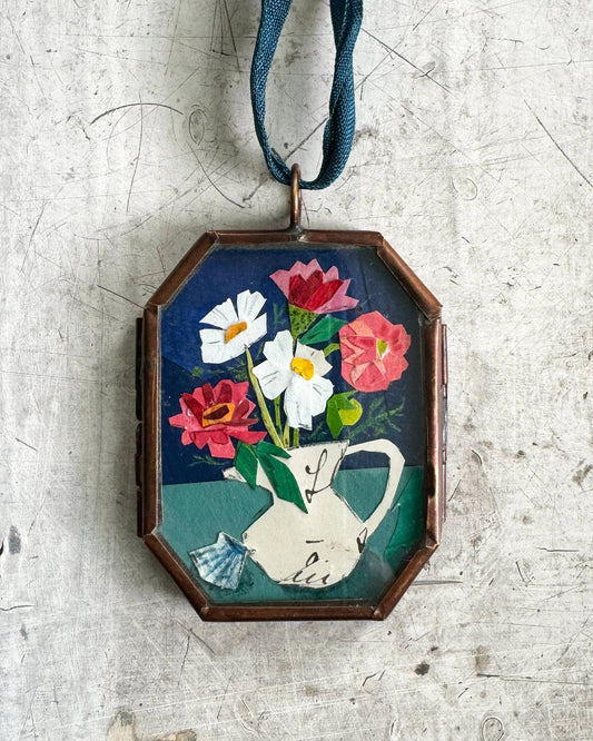 Zinnia & Shell ~ Art Locket Ornament Garden Handmade