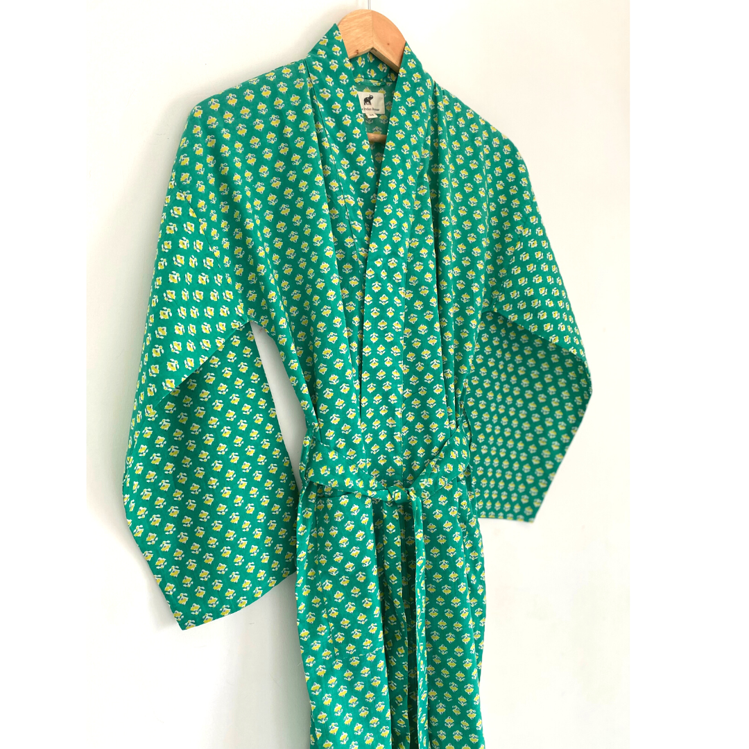Womens Kimono Robe - Green and Yellow floral print cotton : 44 / S