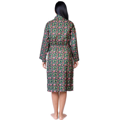 Womens Kimono Robe - Floral Garden cotton print green + bag: 44 / L