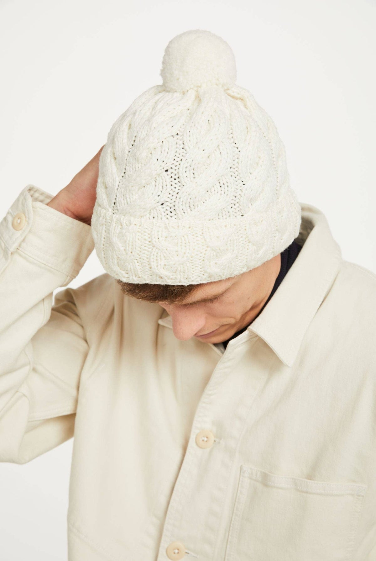 Clifden Cable Aran Hat with Pom Poms -  Cream: One Size