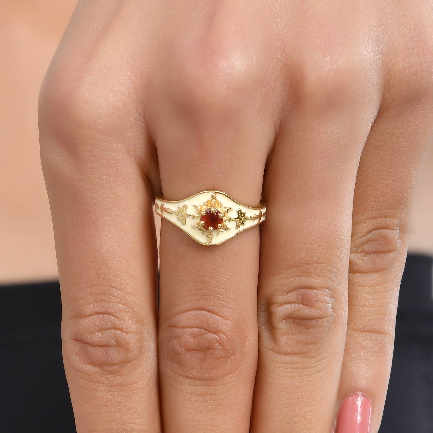 Garnet Gold Plated Enamel Ring