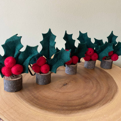 Holiday Holly or Mistletoe Felt Berry & Leaf Ornament: Holly (red berries)