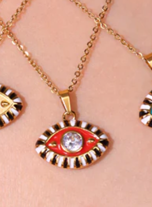 Evil Eye Third Eye Enamel and Crystal Pendant Necklace: Pink/teal