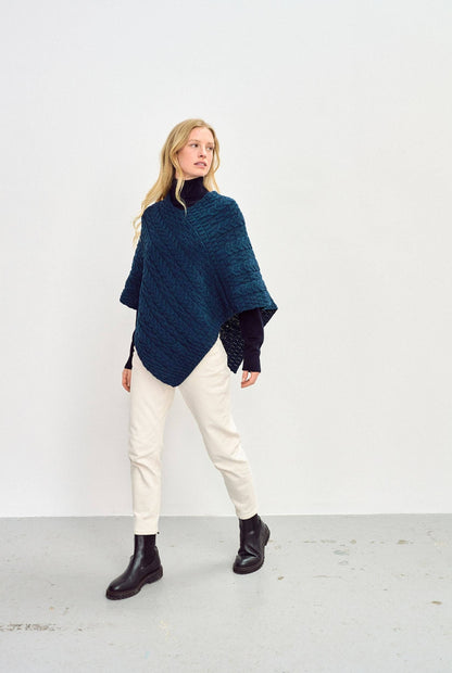 Glencar Ladies Classic Merino Aran Poncho - Atlantic: ONE SIZE
