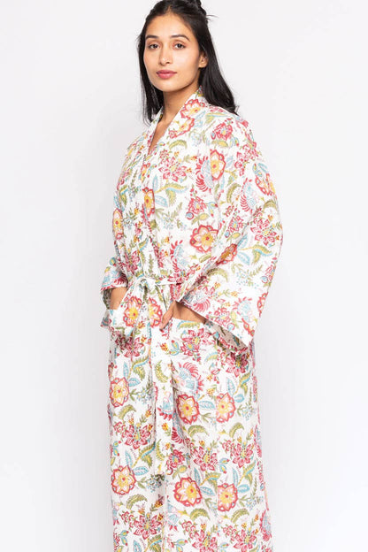 Reva Block Print Kimono Robes: Blue Multi