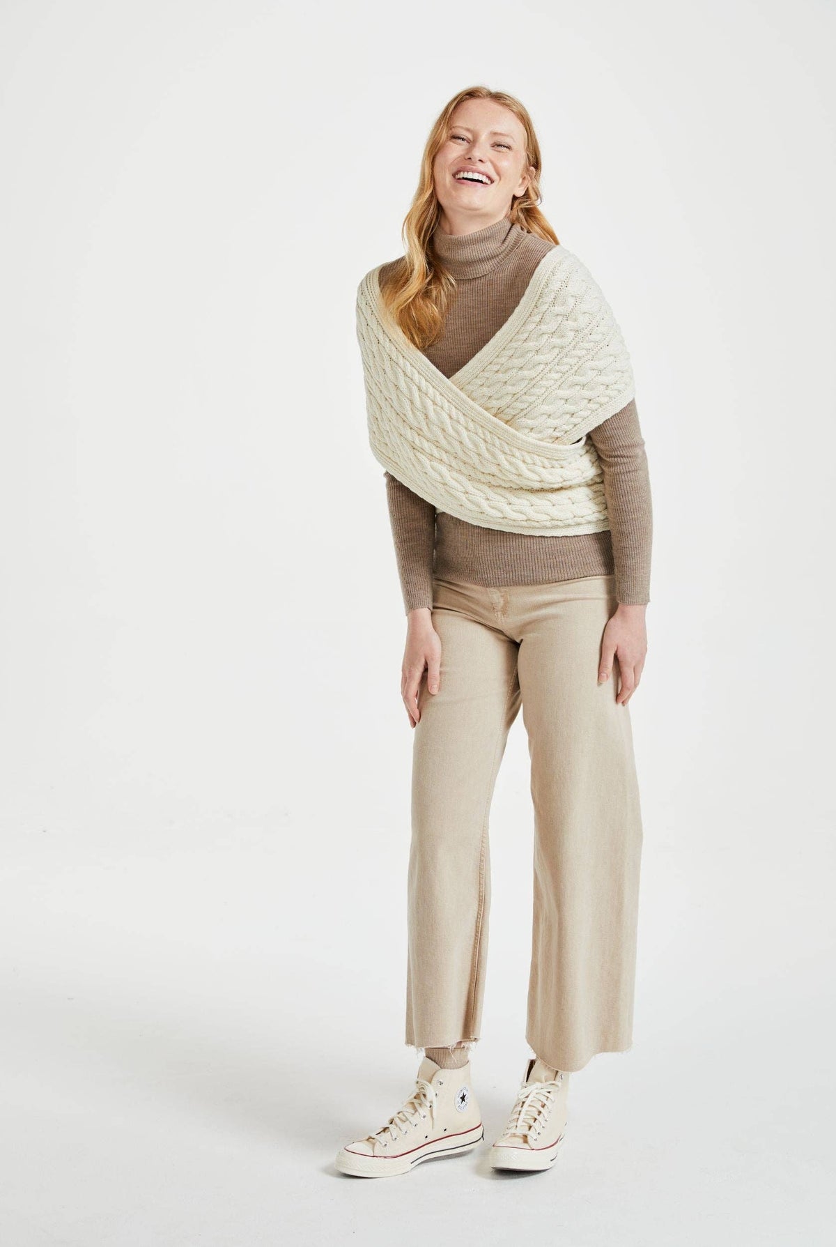 Corrib Crossover Merino Aran Wrap - Cream: M