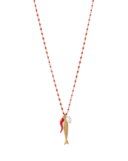Fish for Luck. Enamel and Evil Eye Necklace: Horn