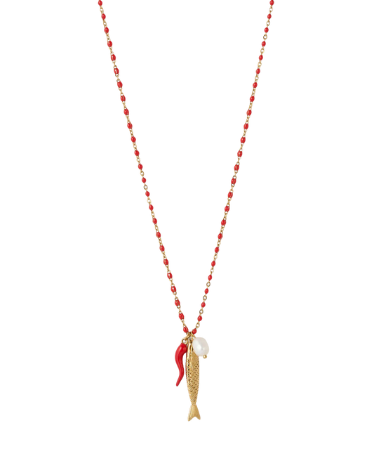Fish for Luck. Enamel and Evil Eye Necklace: Horn