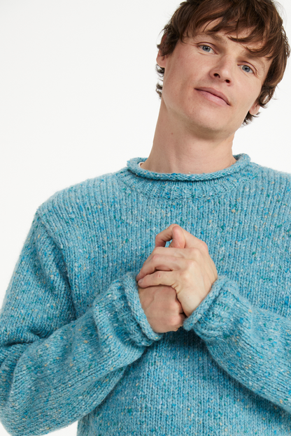 Raheen Tweed Roll Neck Mens Sweater - Aqua Blue: M