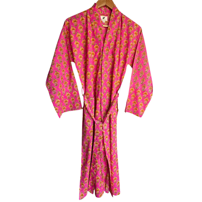 Womens Kimono Robe - All over Buti in Pink & orange cotton: 44 / S