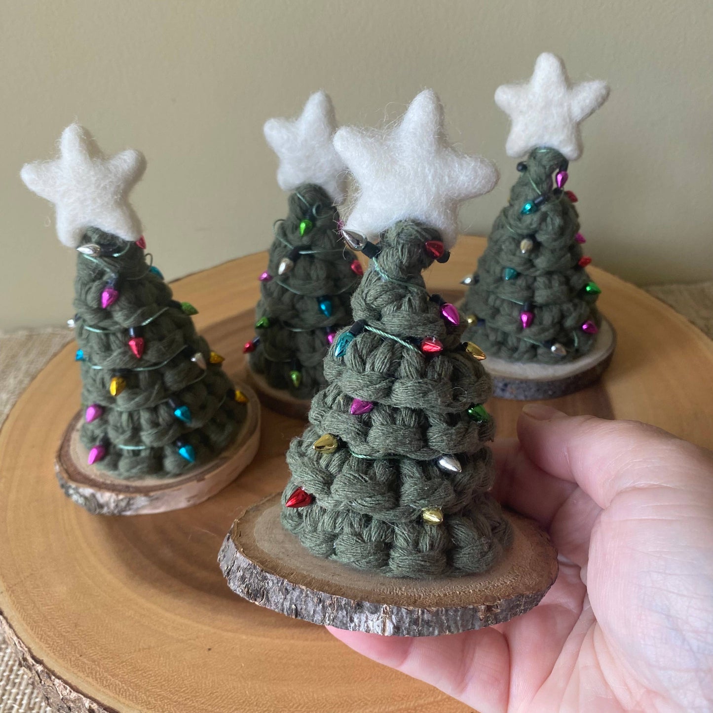 Handmade Mini Macrame Holiday Tree with Non-Working Lights: Light green String/Pastel Lights