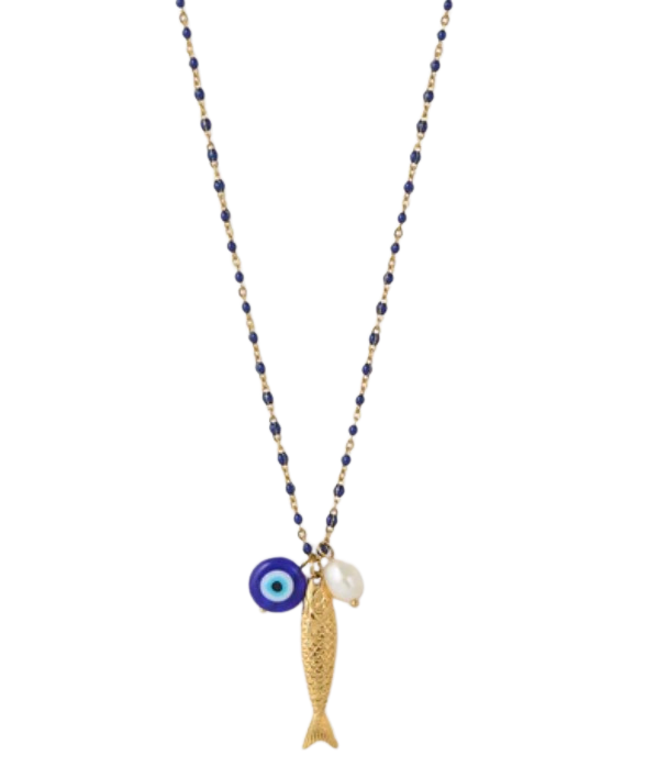 Fish for Luck. Enamel and Evil Eye Necklace: Horn