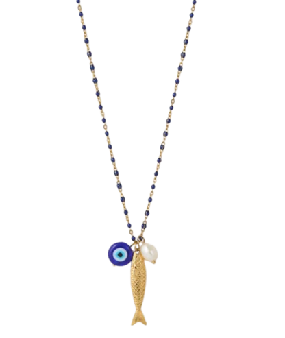 Fish for Luck. Enamel and Evil Eye Necklace: Horn