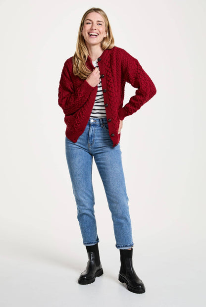 Achill Island Ladies Merino Aran Cardigan - Red: M