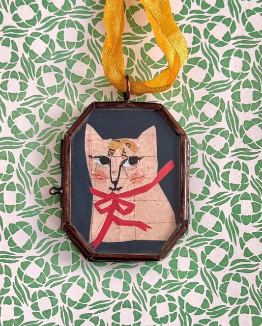Mona Kitty ~ Art Locket Ornament Vintage Decor Handmade 