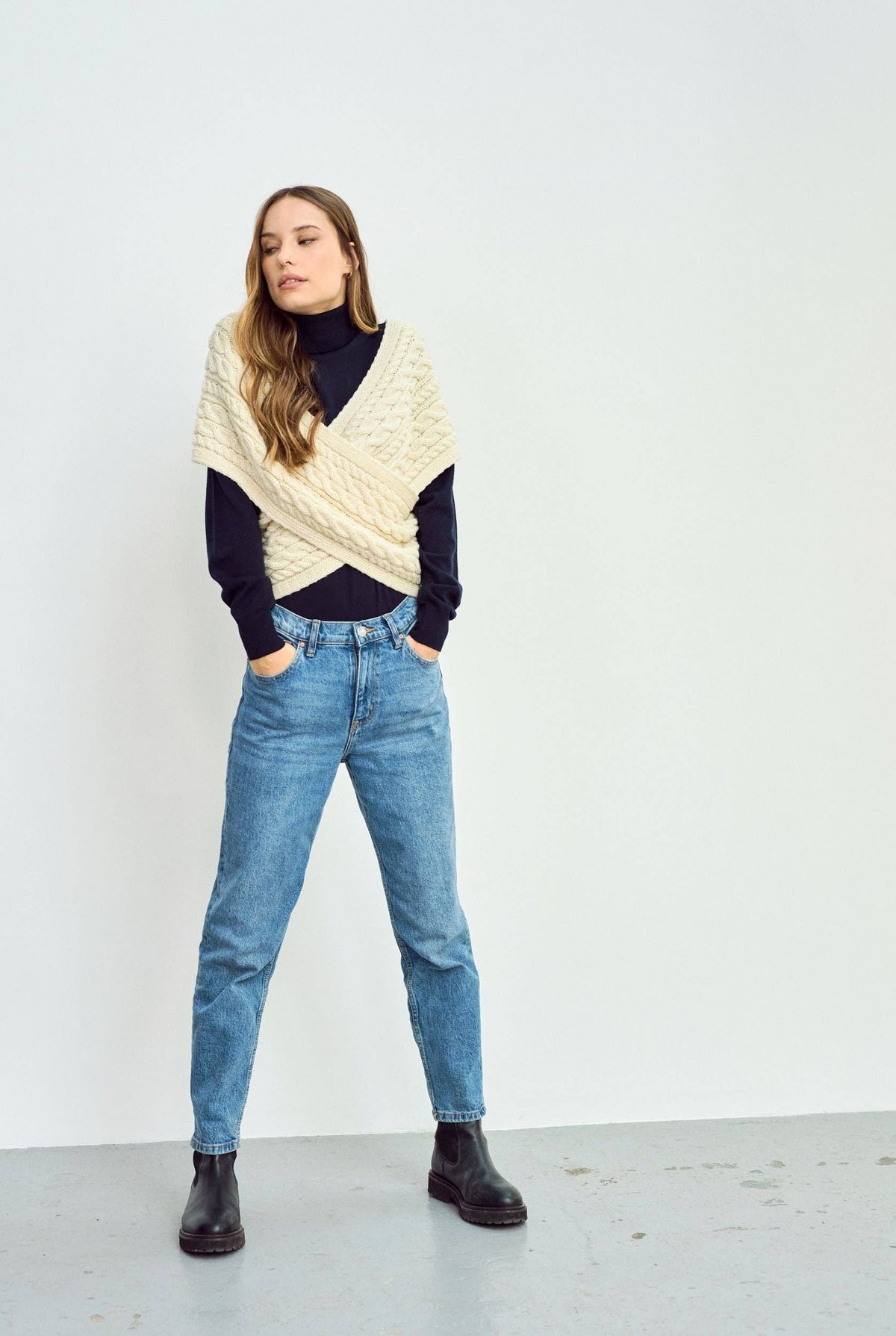 Corrib Crossover Merino Aran Wrap - Cream: M