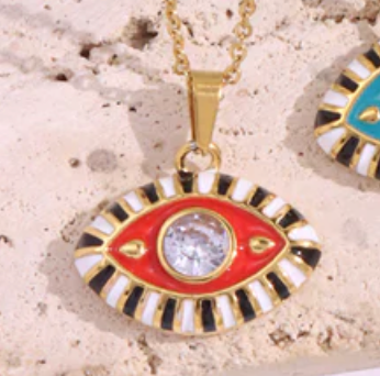 Evil Eye Enamel and Crystal Pendant Necklace Waterproof: Pink/gold
