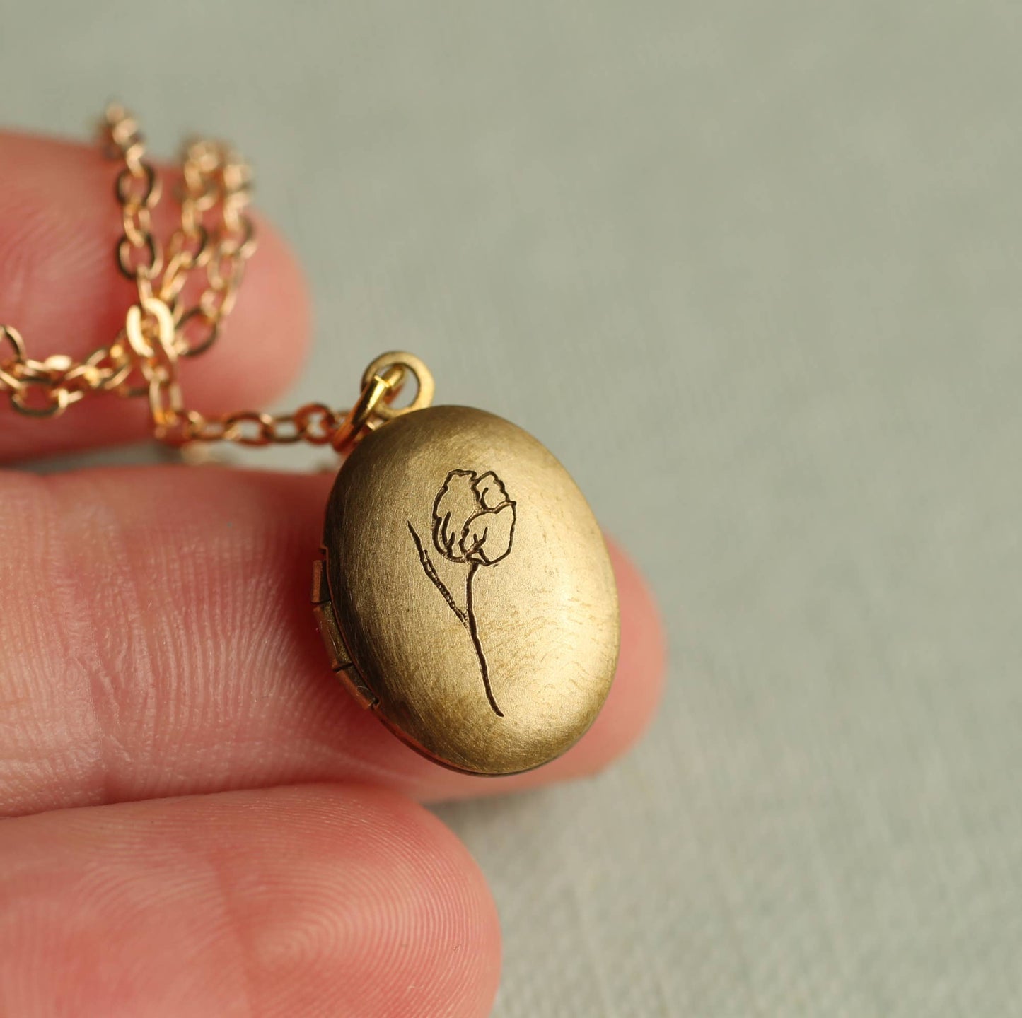 Tiny Oval Engraved Botanical Brass Locket: 20" / Standard Engraving - Thistle