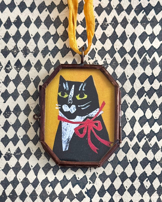 Tuxedo Kitty ~ Art Locket Ornament Vintage Decor Handmade 