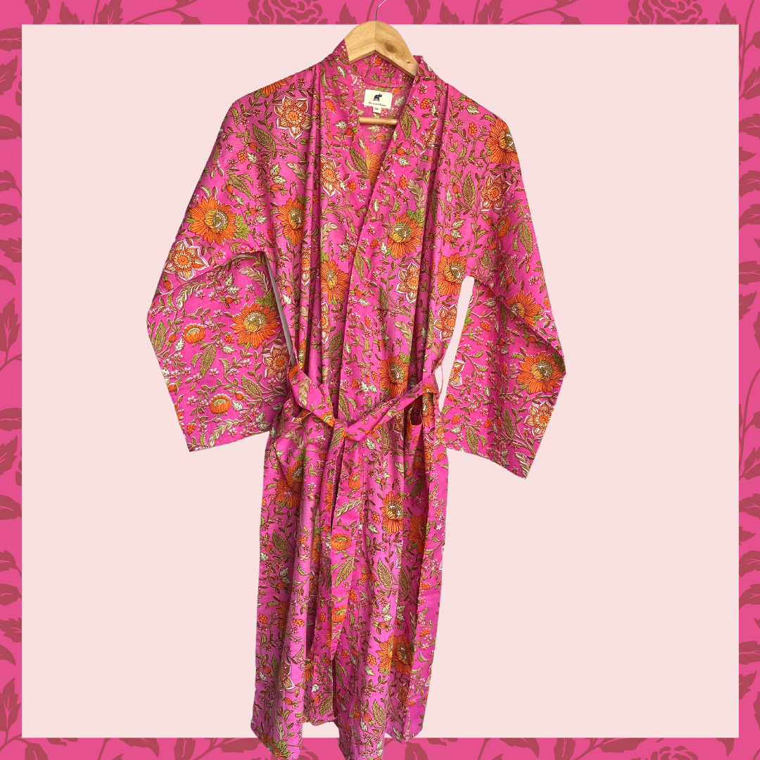 Womens Kimono Robe - All over floral in Pink & orange cotton: 44 / L