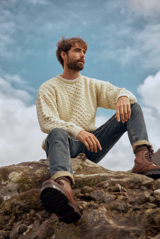 Inisheer Traditional Mens Aran Sweater - Cream: M