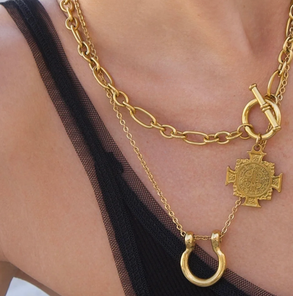 Horse Bit Horse Shoe Steel Stirup Chain Necklace: Two tone