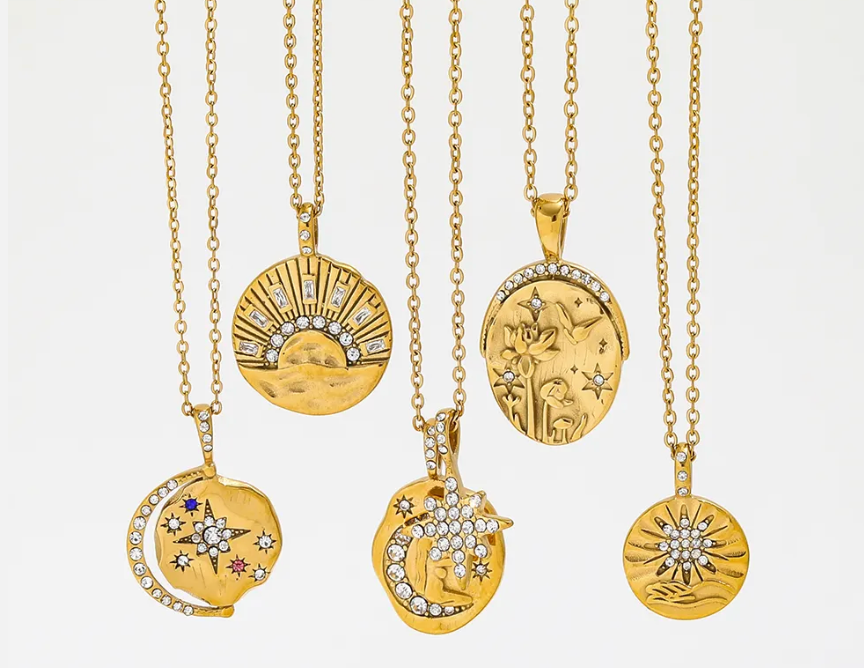  Mini Pendant- Talisman Protect 14K Gold Steel Necklace: Sun