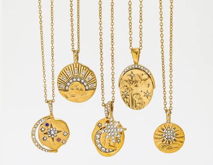  Mini Pendant- Talisman Protect 14K Gold Steel Necklace: Sun