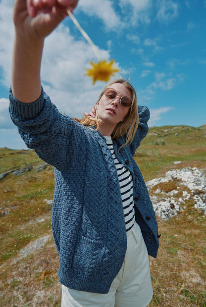 Achill Island Ladies Merino Aran Cardigan - Denim
